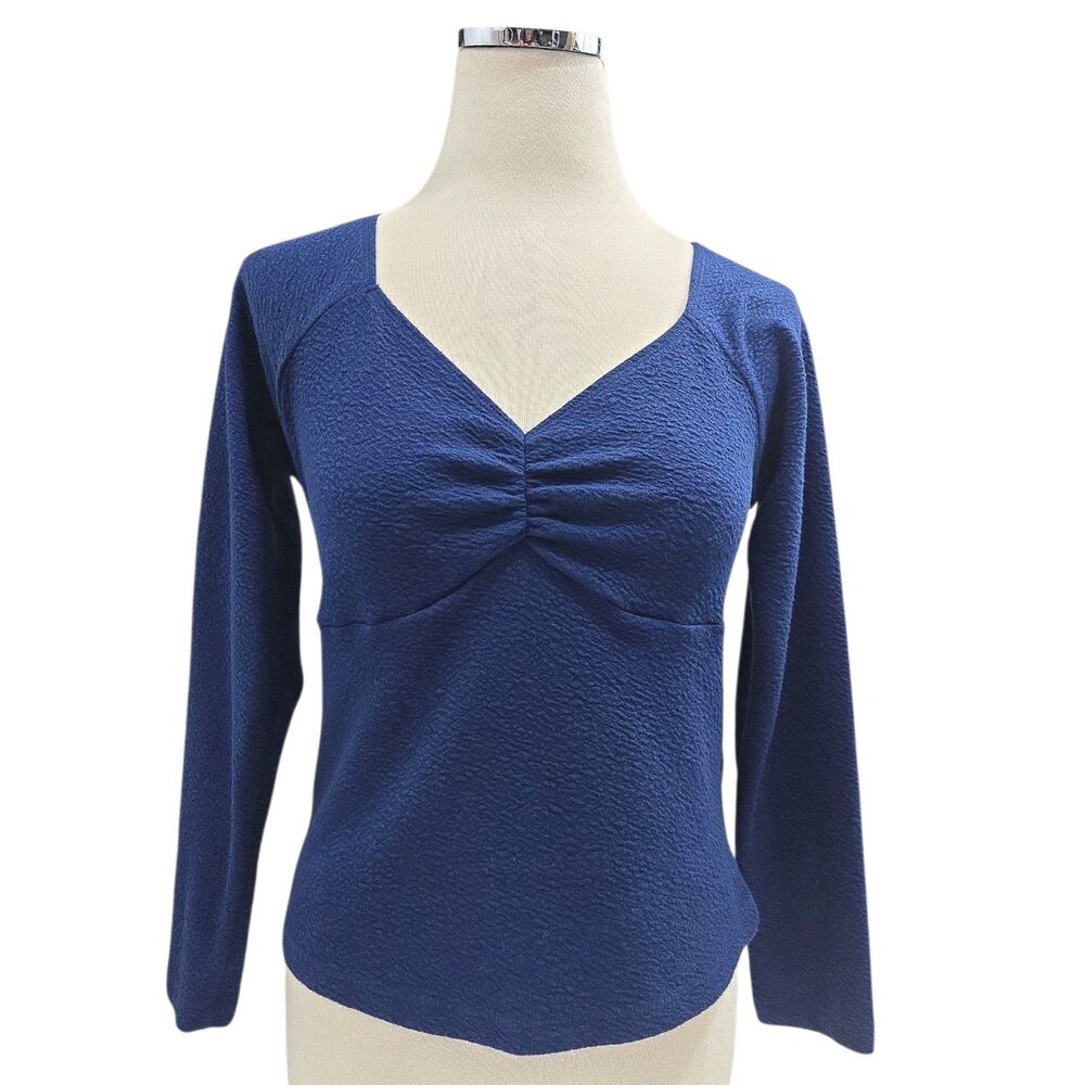 Anthropologie Maeve Textured Sweetheart Top M Blue Ruched Long Sleeve Stretch
